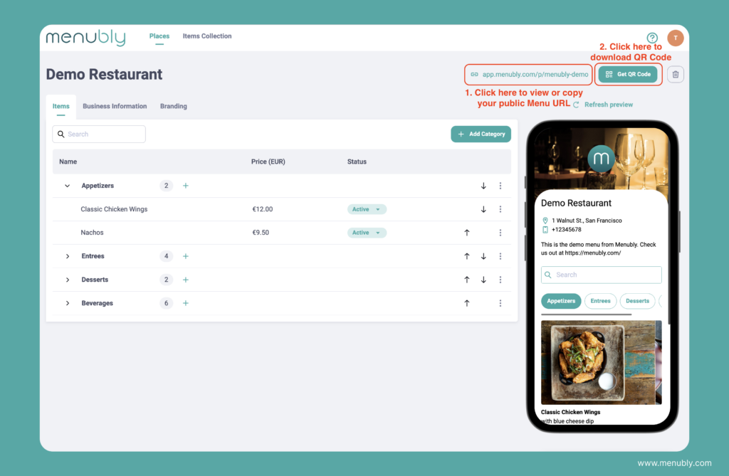 Share URL or download QR Code Menu - Menubly