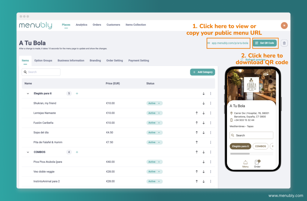 Share URL or download QR code - Menubly