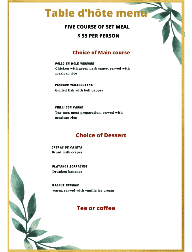 Table d’Hote Menu - Meaning and Examples - Menubly