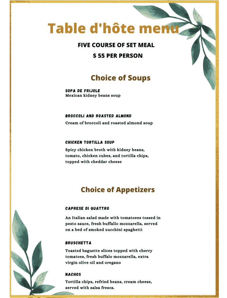 5 courses table d hote menu