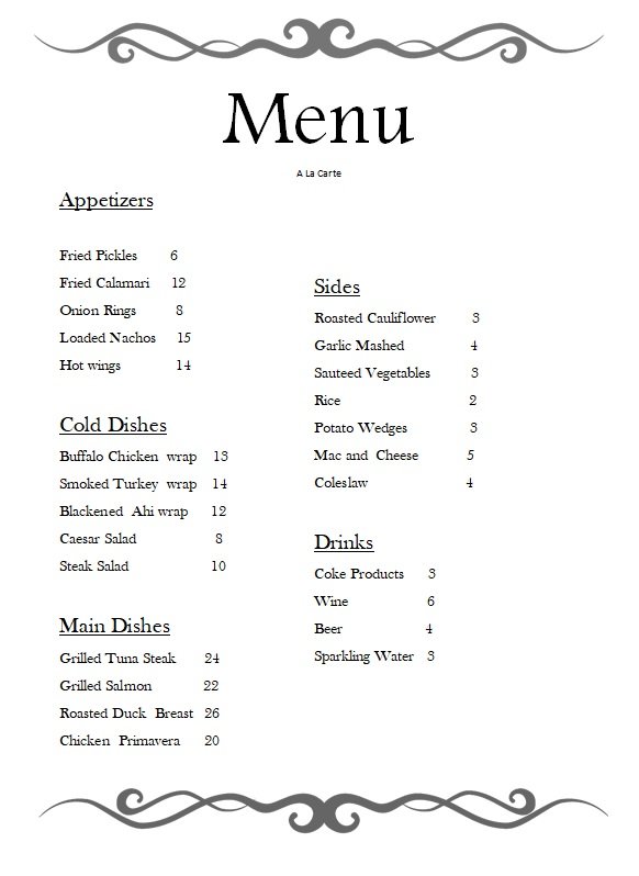 Menu A La Carte