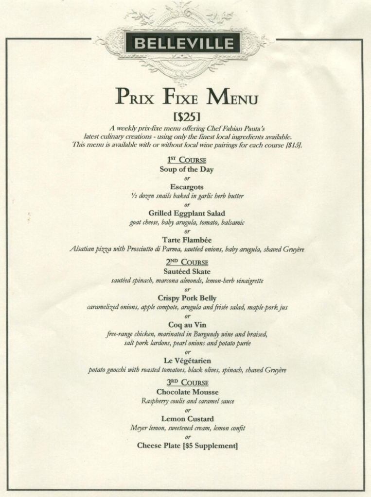 prix fixe menu example
